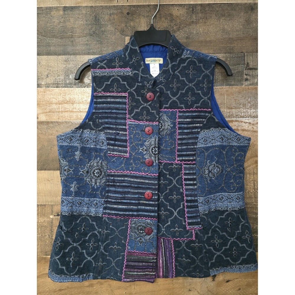Travel Smith Patchwork Vest Women Large Blue Floral Geometric Cottagecore COTTON